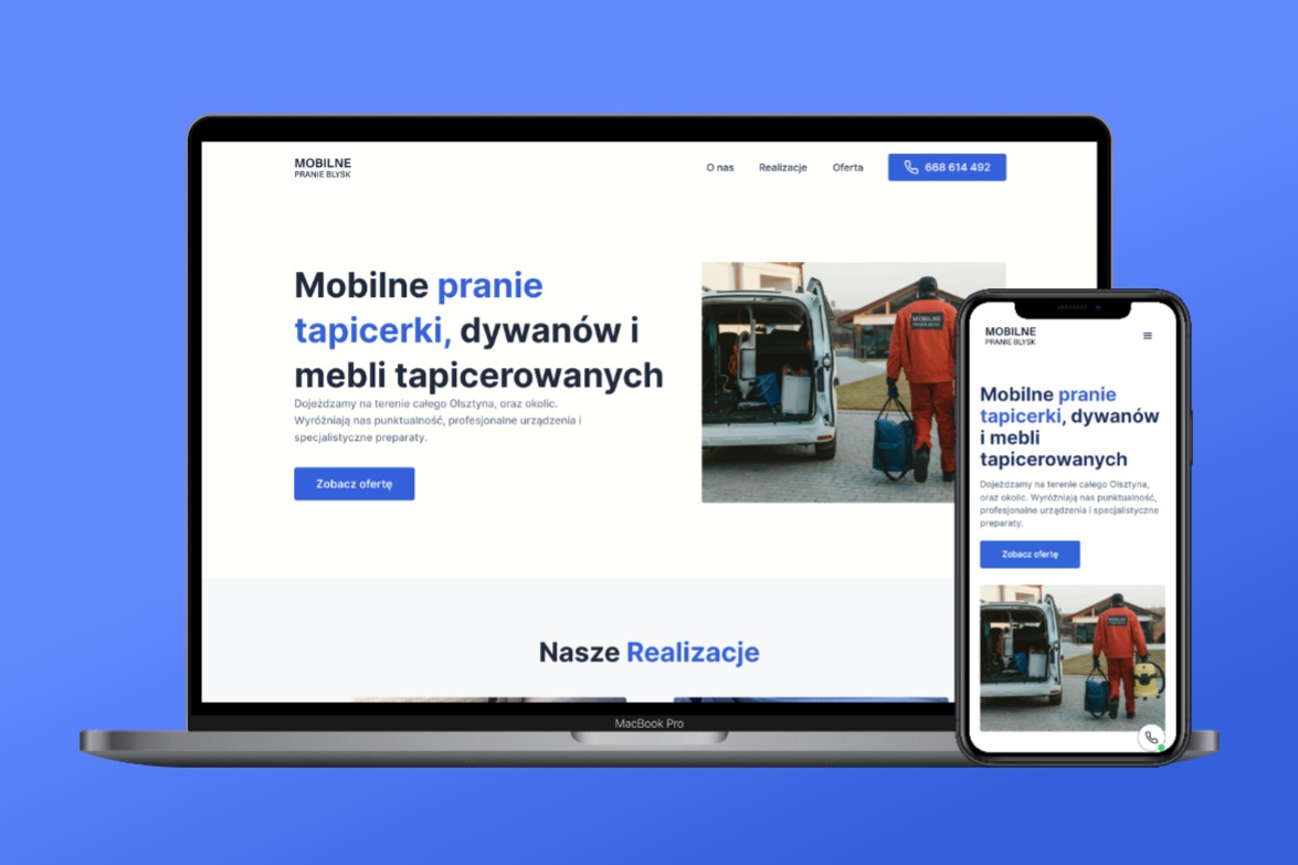Wyświetlacz laptopa i smartfona prezentujące stronę internetową firmy oferującej mobilne usługi czyszczenia tapicerki, dywanów i mebli, z widocznym pracownikiem w kombinezonie zbliżającym się...