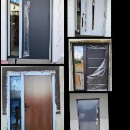 Kompozycja zdjęć przedstawiająca różne modele drzwi zewnętrznych w trakcie montażu lub tuż po nim, w tym drzwi z przeszkleniem, drzwi w kolorze antracytowym z folią ochronną oraz drzwi z okleiną...