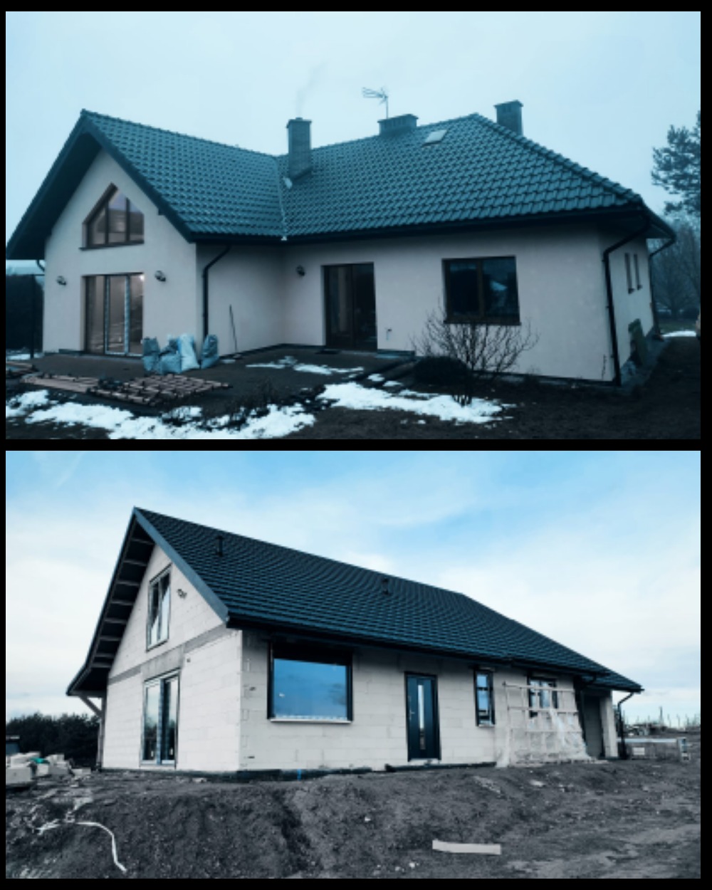 Dwa ujęcia domu jednorodzinnego w trakcie budowy lub remontu: górne z zamontowanymi oknami przesuwnymi i częściowo ocieplonym, dolne w surowym stanie z widocznymi pustakami i zamontowanymi oknami.