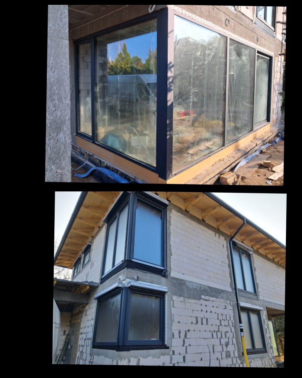 Montaż narożnego okna PCV w surowym stanie budynku, widoczne zabezpieczające folie na szybach i elementy konstrukcyjne.