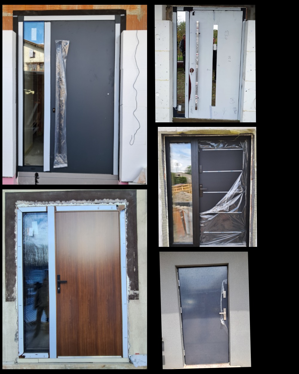 Kompozycja zdjęć przedstawiająca różne modele drzwi zewnętrznych w trakcie montażu lub tuż po nim, w tym drzwi z przeszkleniem, drzwi w kolorze antracytowym z folią ochronną oraz drzwi z okleiną...