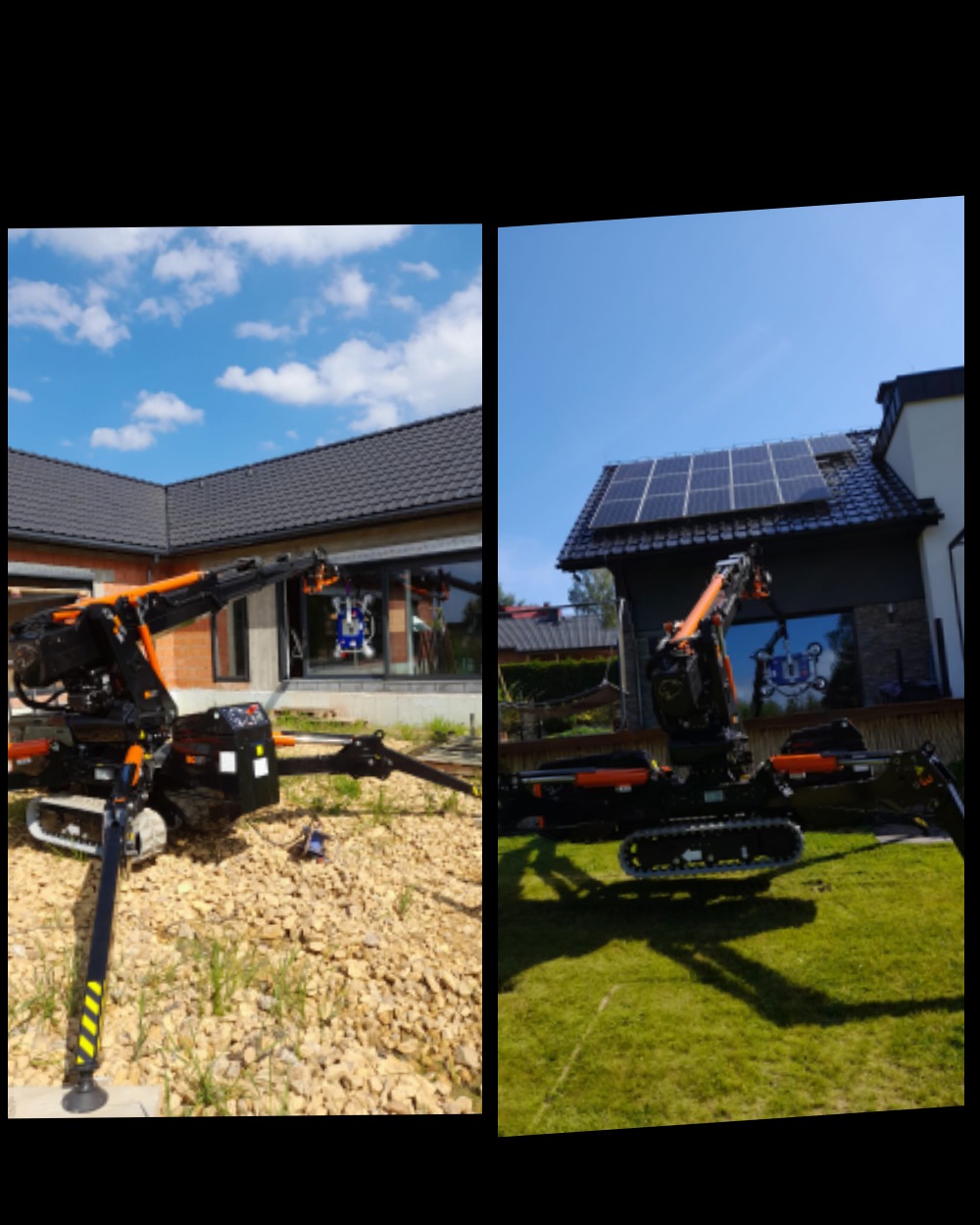 Montaż okna za pomocą specjalistycznego mini-dźwigu gąsienicowego z przyssawkami, widoczne panele słoneczne na dachu budynku w tle.