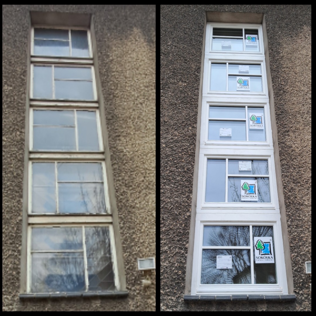 Porównanie starego i nowego okna w pionowym układzie, widoczna różnica w jakości i estetyce, z naklejkami producenta na szybach.