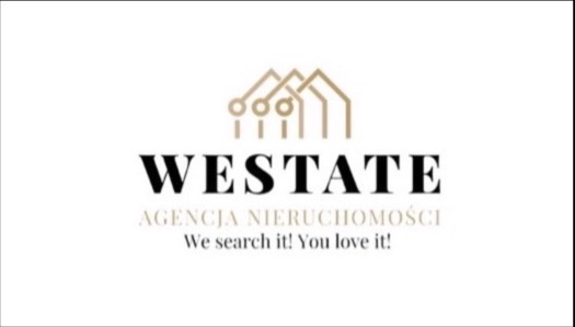 Logo agencji nieruchomości Westate z trzema stylizowanymi domami połączonymi kropkami i liniami oraz hasłem 'We search it! You love it!'