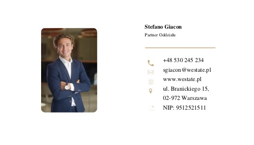 Wizytówka z portretem uśmiechniętego mężczyzny w garniturze, imieniem Stefano Giacon, Partner Oddziału, oraz danymi kontaktowymi: numer telefonu, adres e-mail, strona internetowa, adres biura...
