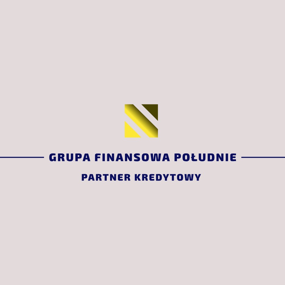 Logo Grupy Finansowej Południe, partnera kredytowego, z geometrycznym symbolem w odcieniach złota i granatowym tekstem na jasnym tle.