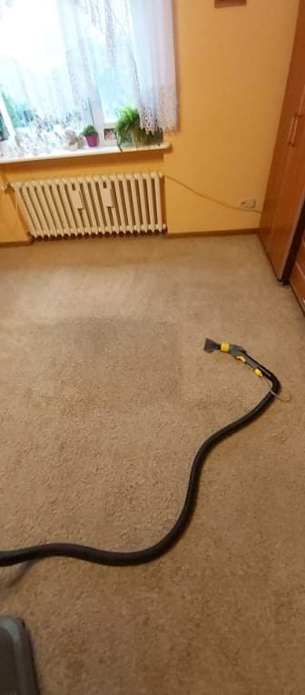 Dysza odkurzacza piorącego na brązowym dywanie w pokoju z kaloryferem i oknem z firanką.