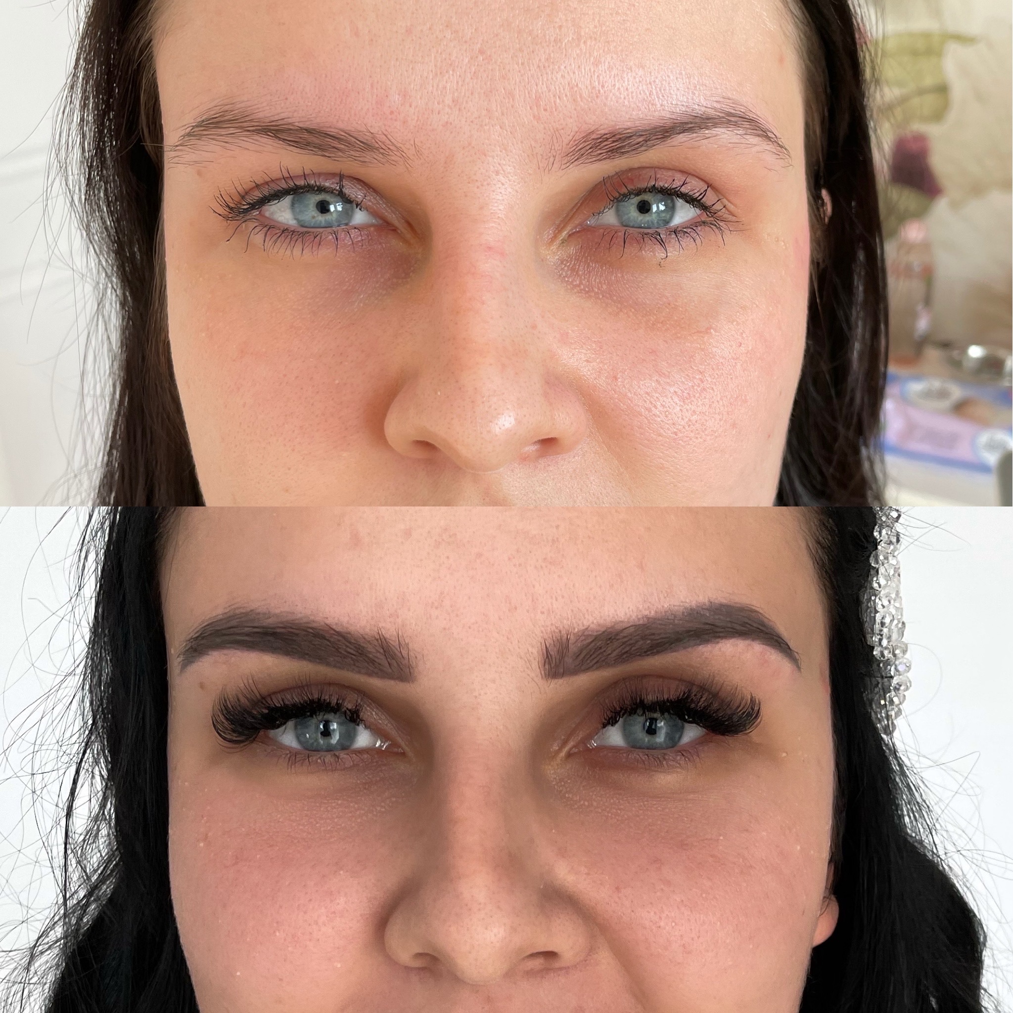 Porównanie przed i po: górna część twarzy przed stylizacją brwi i rzęs, dolna część po zabiegu, widoczne zagęszczone rzęsy i wyregulowane brwi.