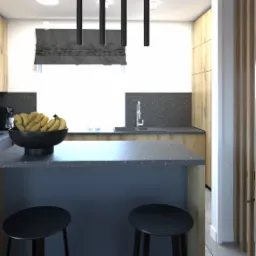 Nowoczesna kuchnia z wyspą, czarnymi stołkami barowymi i owocami w misie, widok na drewnianą ściankę działową i oświetlenie sufitowe.