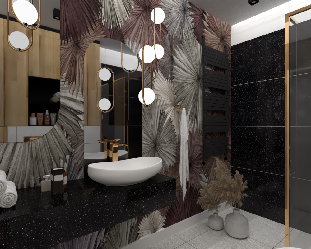 Nowoczesna łazienka z umywalką nablatową, czarnym blatem z połyskiem, tapetą w motywy roślinne i złotymi akcentami oświetleniowymi.