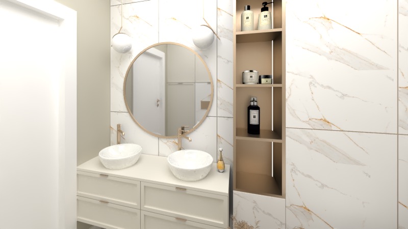 Elegancka łazienka z dwiema owalnymi umywalkami nablatowymi, złotymi bateriami, okrągłym lustrem w złotej ramie i półkami z kosmetykami, wykończona białymi płytkami z marmurowym wzorem.
