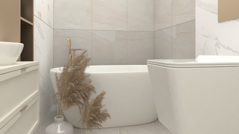 Nowoczesna łazienka w beżowej kolorystyce z wolnostojącą wanną, wiszącą toaletą i umywalką na szafce, uzupełniona dekoracyjną trawą pampasową w ceramicznym wazonie.