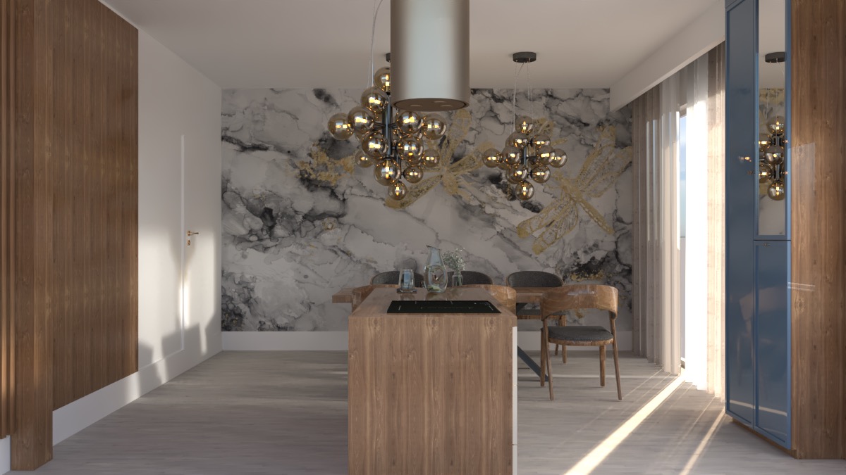Nowoczesna kuchnia z wyspą, marmurową tapetą ze złotymi ważkami, wiszącymi lampami kulistymi i drewnianymi akcentami.