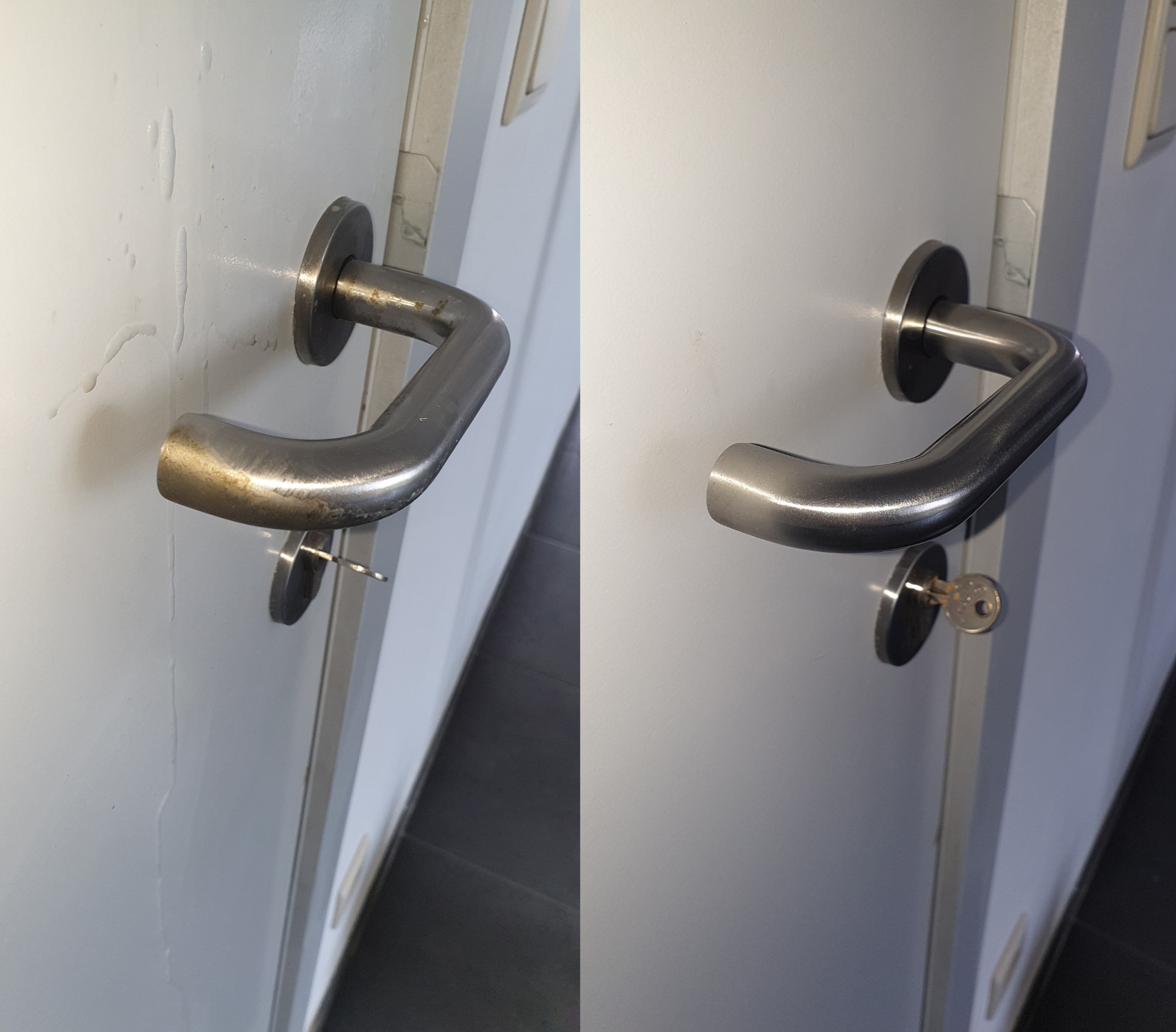 Porównanie czystości klamki i drzwi przed i po umyciu; widoczne zacieki i zabrudzenia po lewej stronie oraz czysta powierzchnia po prawej.