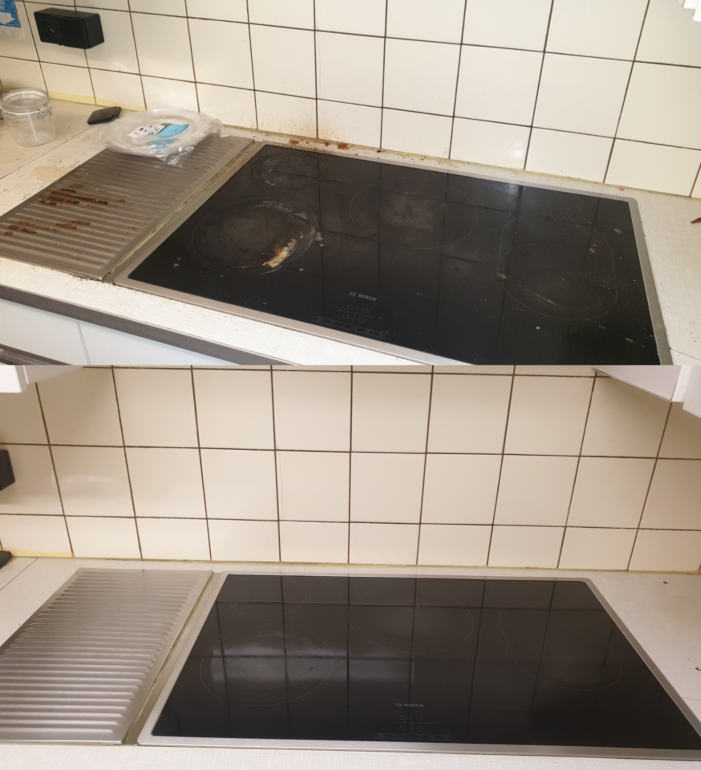 Porównanie: płyta indukcyjna Bosch przed i po czyszczeniu, widoczne przypalone resztki i zabrudzenia na górnym zdjęciu, czysta powierzchnia na dolnym zdjęciu. Zwraca uwagę czystość fug na dolnym...