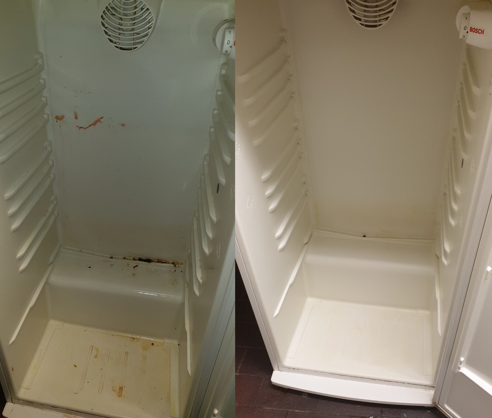 Porównanie wnętrza lodówki przed i po czyszczeniu: po lewej widoczne zabrudzenia i resztki jedzenia, po prawej czysta, biała powierzchnia. Widoczny regulator temperatury marki Bosch.