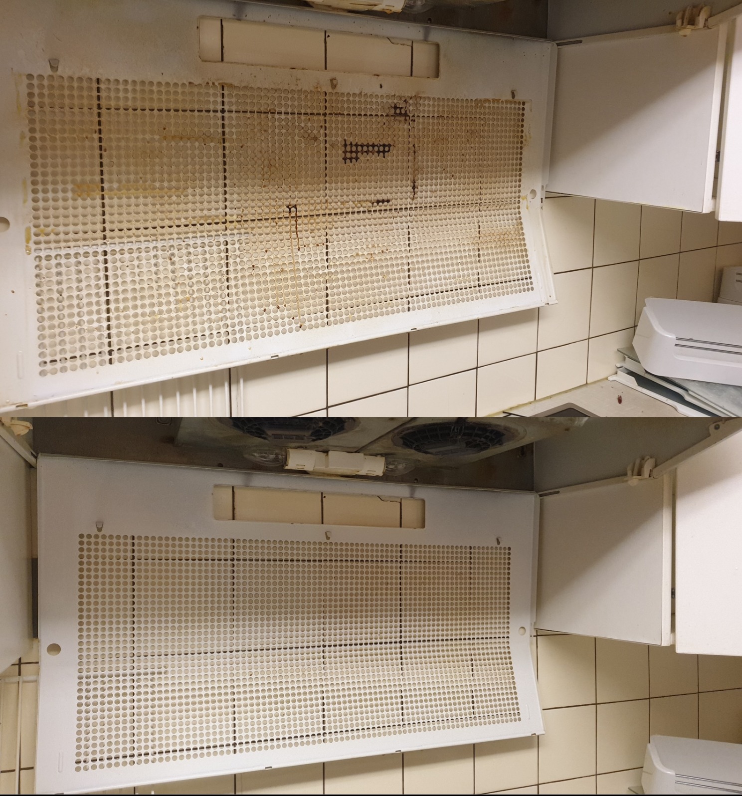 Porównanie filtra okapu kuchennego przed i po czyszczeniu, widoczne osady tłuszczu i brudu na górnym filtrze oraz czysty filtr na dole, białe płytki w tle.