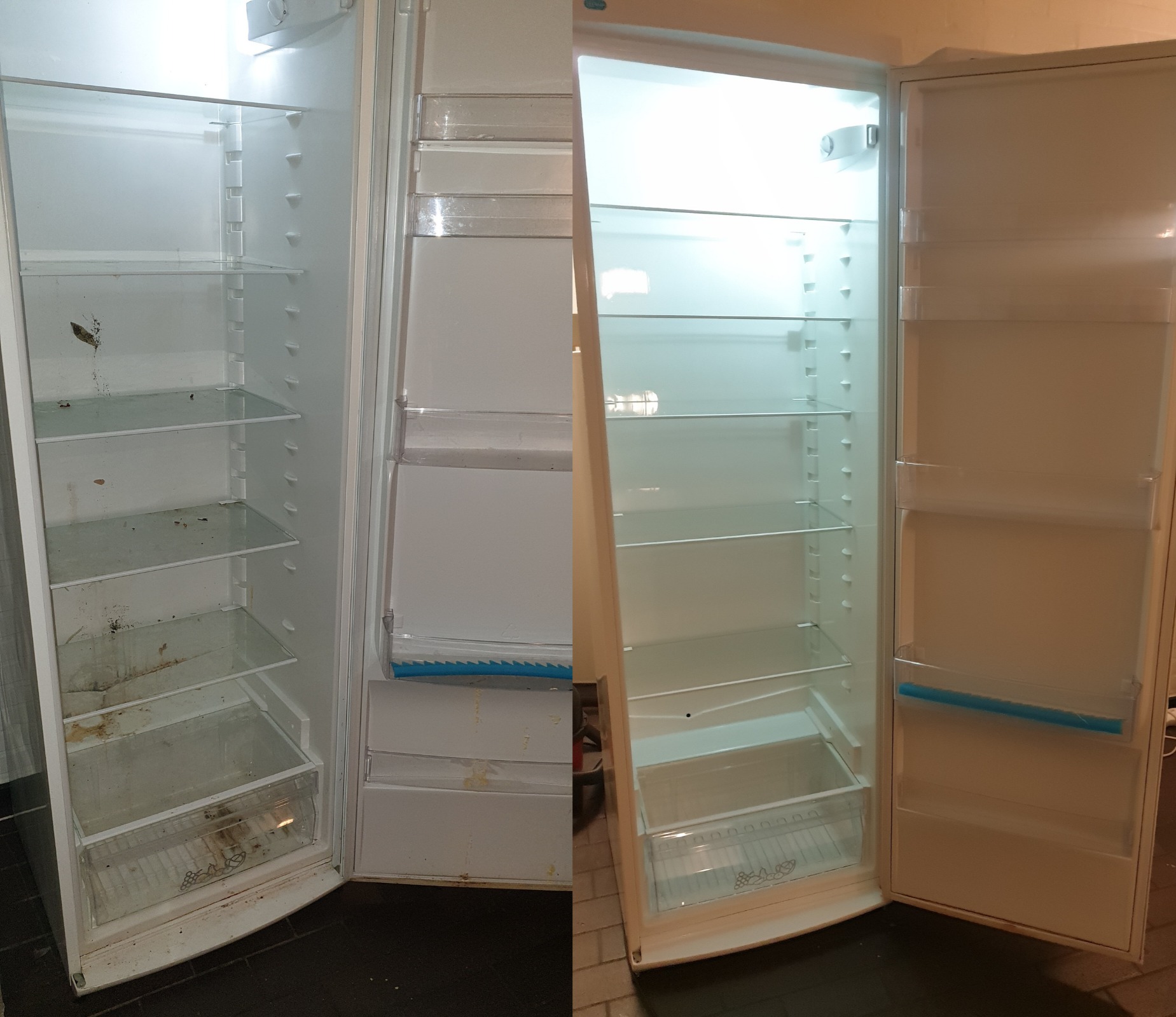 Porównanie wnętrza lodówki przed i po czyszczeniu, widoczne różnice w czystości półek i szuflad, z lewej strony zabrudzenia i resztki jedzenia, z prawej wnętrze czyste i schludne.