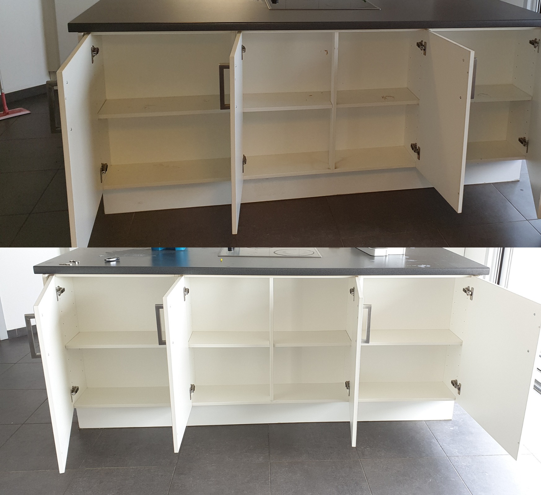 Porównanie stanu szafek kuchennych przed i po czyszczeniu; górny kadr ukazuje brudne półki, dolny kadr prezentuje czyste, białe wnętrze szafek.