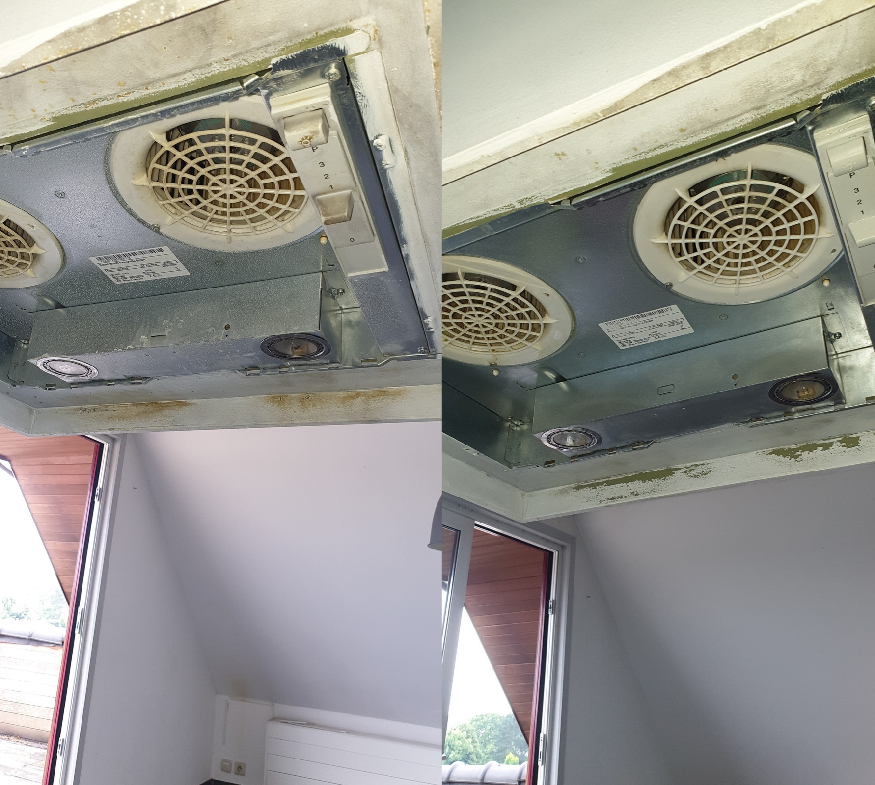Brudny okap kuchenny z wentylatorami i oświetleniem przed czyszczeniem, widoczne zanieczyszczenia i tłuszcz na obudowie oraz suficie, okno dachowe w tle.
