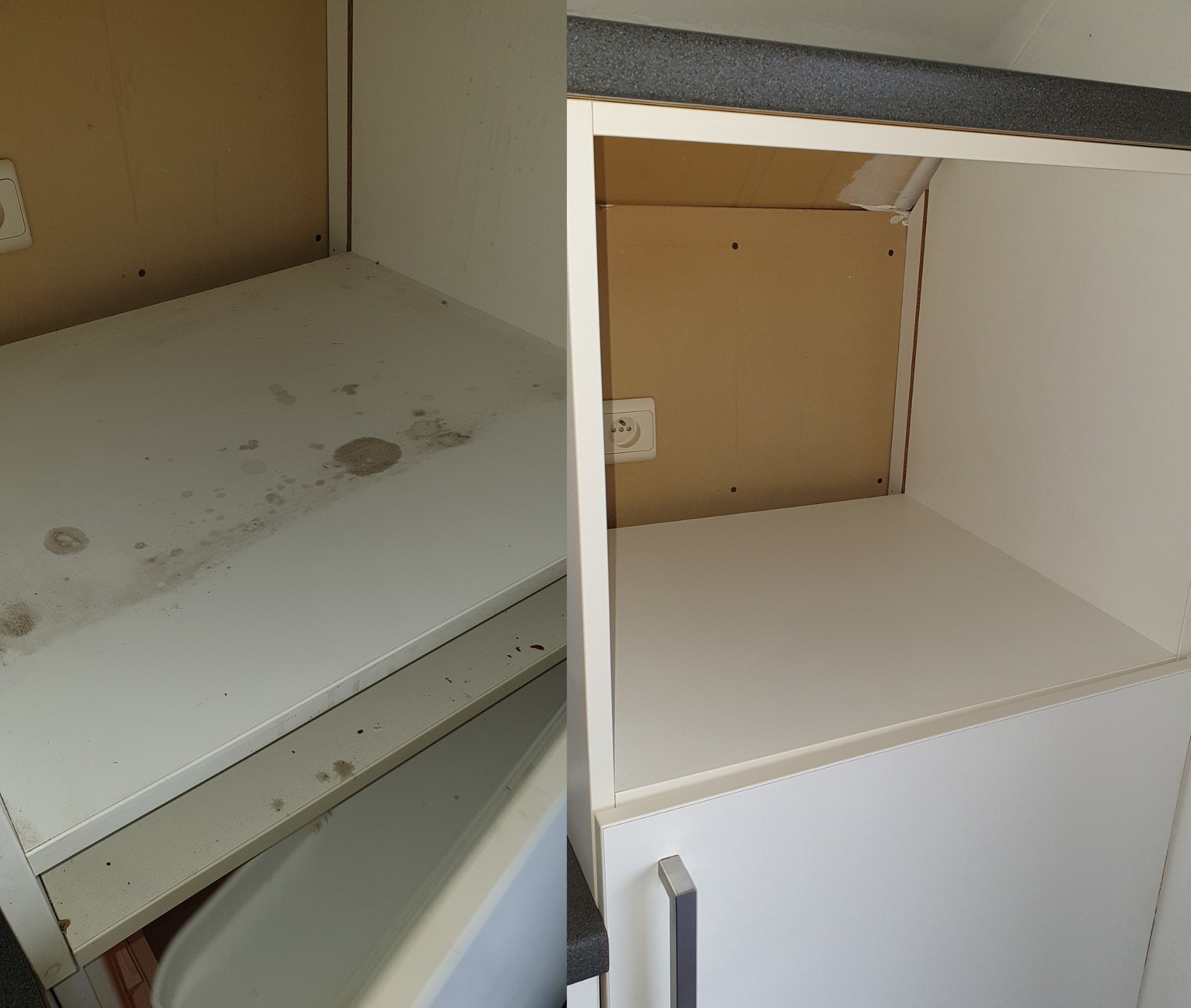 Zdjęcie przedstawia porównanie wnętrza szafki kuchennej przed i po czyszczeniu. Po lewej stronie widoczny brud, plamy i resztki, a po prawej czysta i odświeżona powierzchnia.