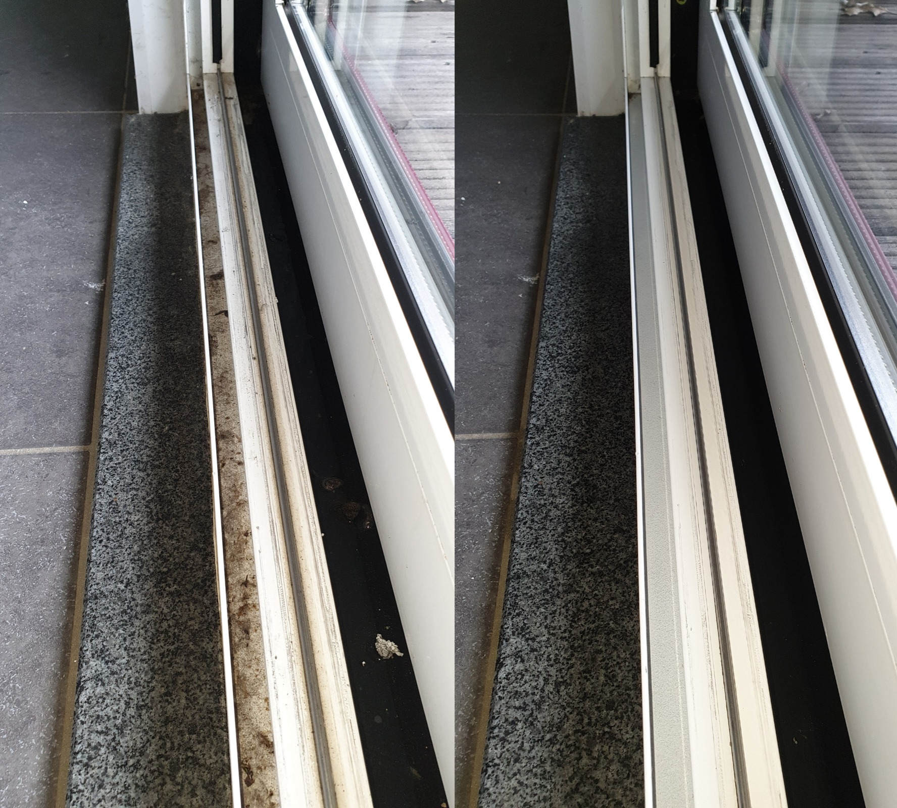 Porównanie stanu ramy okiennej i podłogi przed i po czyszczeniu, widoczne zabrudzenia i efekt końcowy na szarych płytkach i białej ramie okna.