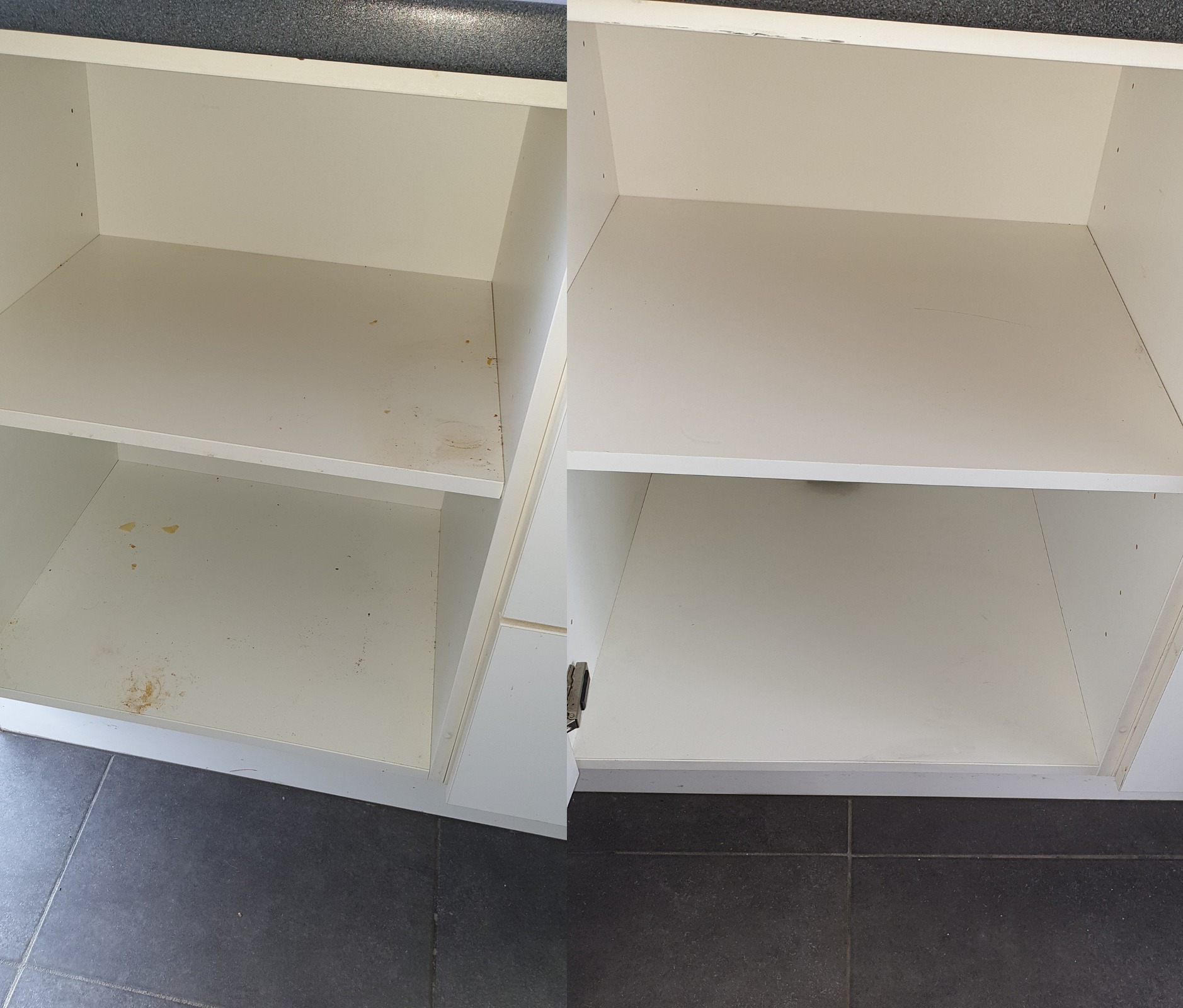 Porównanie wnętrza białej szafki kuchennej przed i po sprzątaniu, widoczne różnice w czystości półek i ścianek bocznych, ciemnoszara podłoga z płytek.
