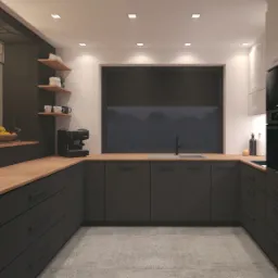 Nowoczesna kuchnia w odcieniach szarości z drewnianymi blatami, minimalistyczne oświetlenie, widok na okno z zewnątrz oraz ekspres do kawy na blacie.