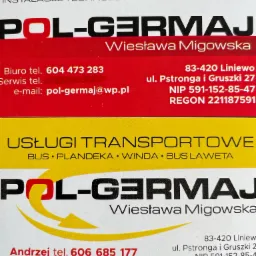 Wizytówka firmy Pol-Germaj oferującej usługi transportowe oraz serwis, montaż i instalacje technologiczne dla stacji paliw, z podanymi numerami telefonów i adresem e-mail.