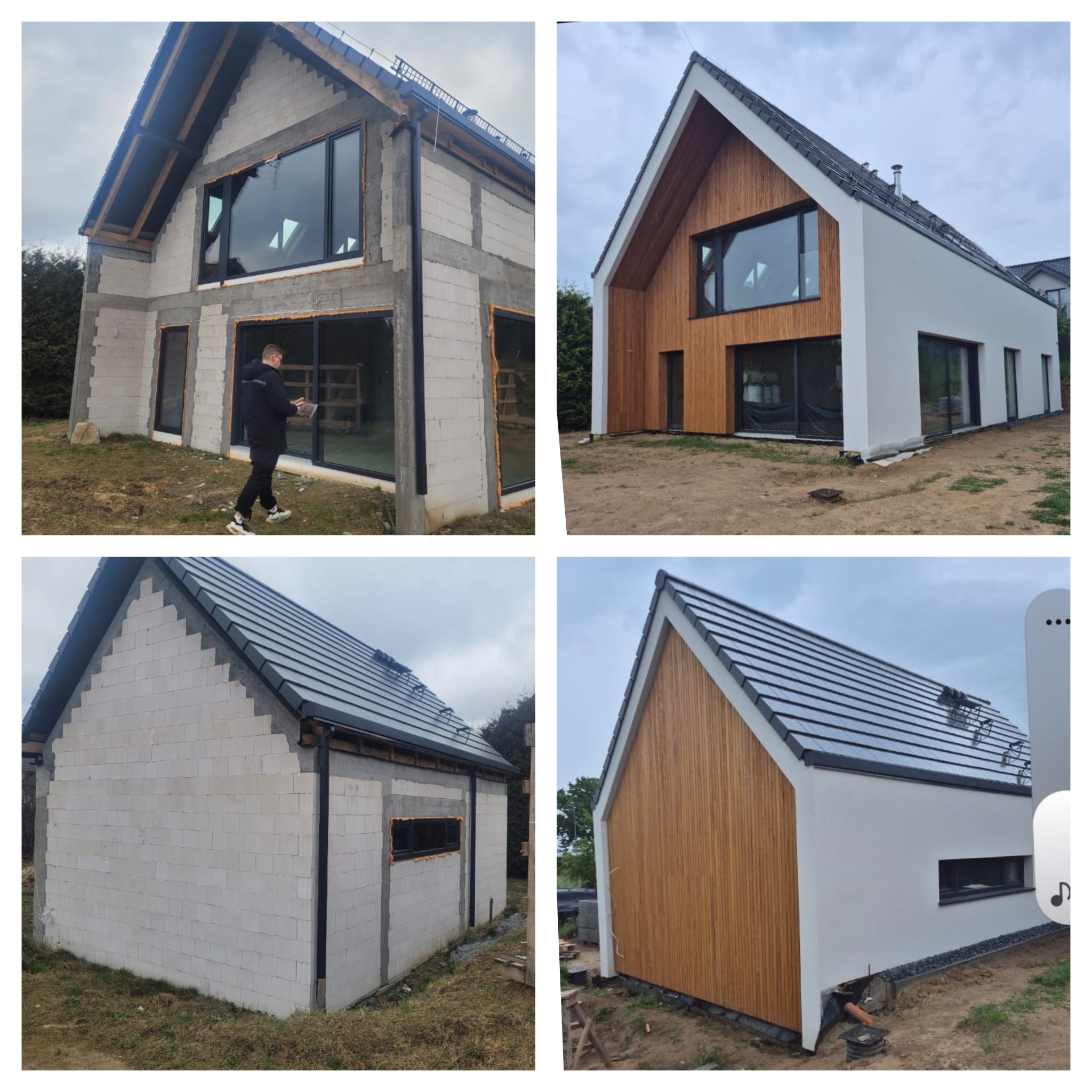 Cztery ujęcia domu: dwa w stanie surowym z oknami i dwa z elewacją drewnianą i tynkiem. Widoczne etapy prac elewacyjnych.