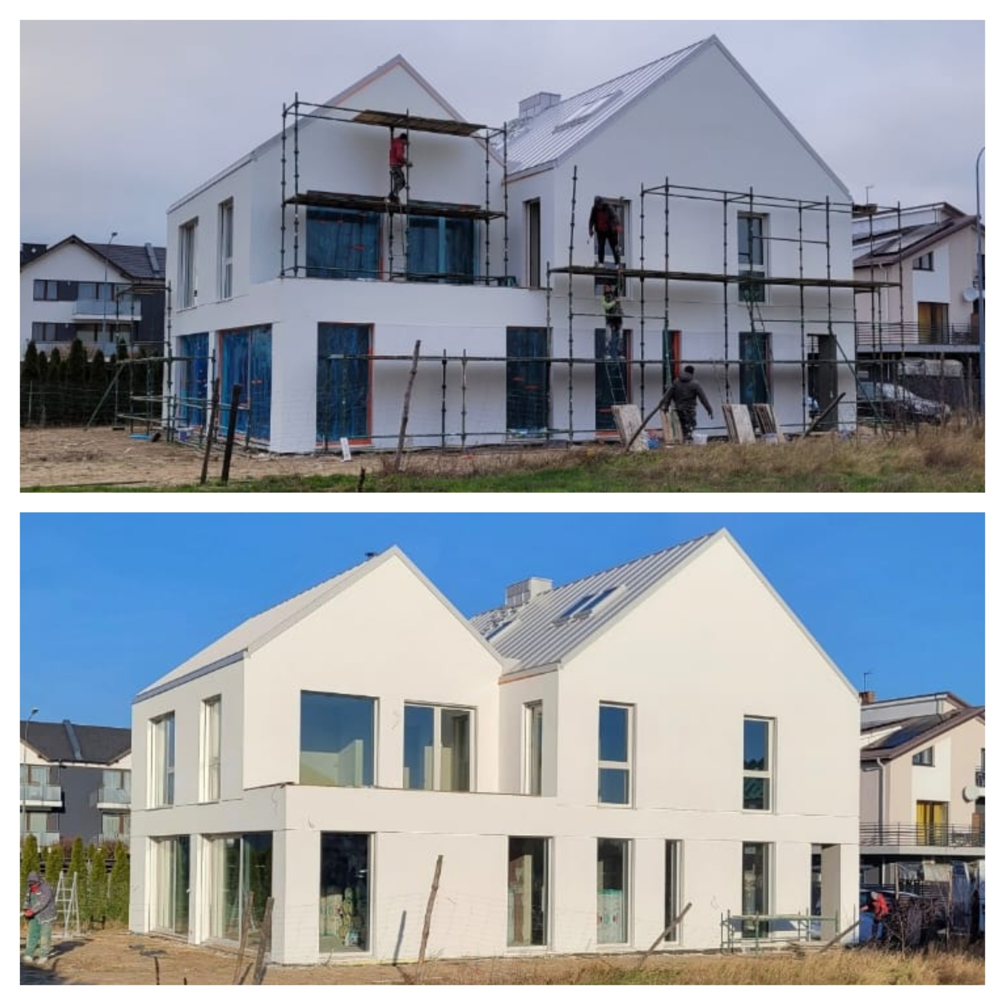 Fotografia 'przed i po' białej elewacji domu w Rumi. Na górze rusztowania i pracownicy, na dole gotowy budynek z oknami. Nowoczesna architektura.