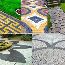 Kolaż przedstawiający różne wzory ułożenia kostki brukowej: geometryczny wzór meandru z żółto-szarych kostek, okrągły wzór z kolorowych kostek, ścieżka z kostki o nieregularnych kształtach, okrągły...