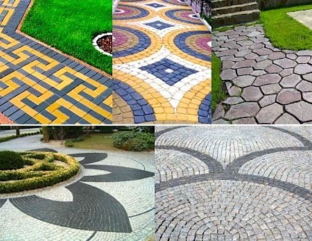 Kolaż przedstawiający różne wzory ułożenia kostki brukowej: geometryczny wzór meandru z żółto-szarych kostek, okrągły wzór z kolorowych kostek, ścieżka z kostki o nieregularnych kształtach, okrągły...