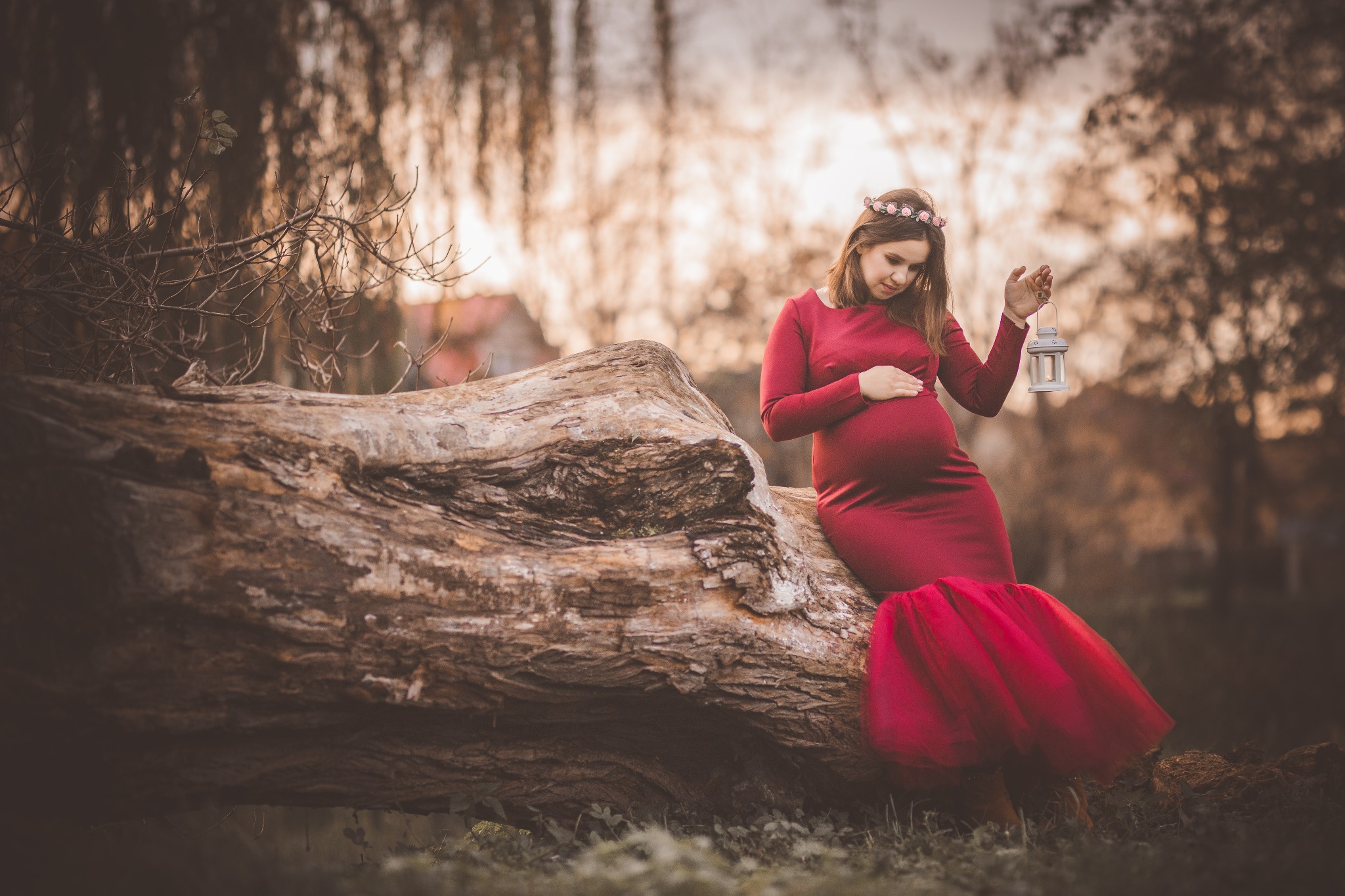 Kobieta w czerwonej sukni ciążowej siedzi na powalonym drzewie, trzymając lampion. Na głowie ma wianek z kwiatów. Tło stanowią drzewa bez liści.