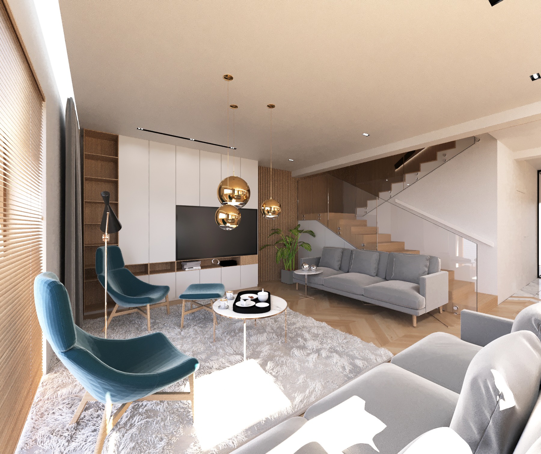Wizualizacja salonu z turkusowymi fotelami, szarą sofą i złotymi lampami wiszącymi, na podłodze puszysty dywan.