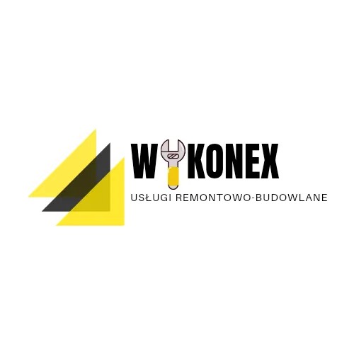 Logo firmy W Konex oferującej usługi remontowo-budowlane, z żółto-czarnym symbolem i kluczem francuskim w nazwie.
