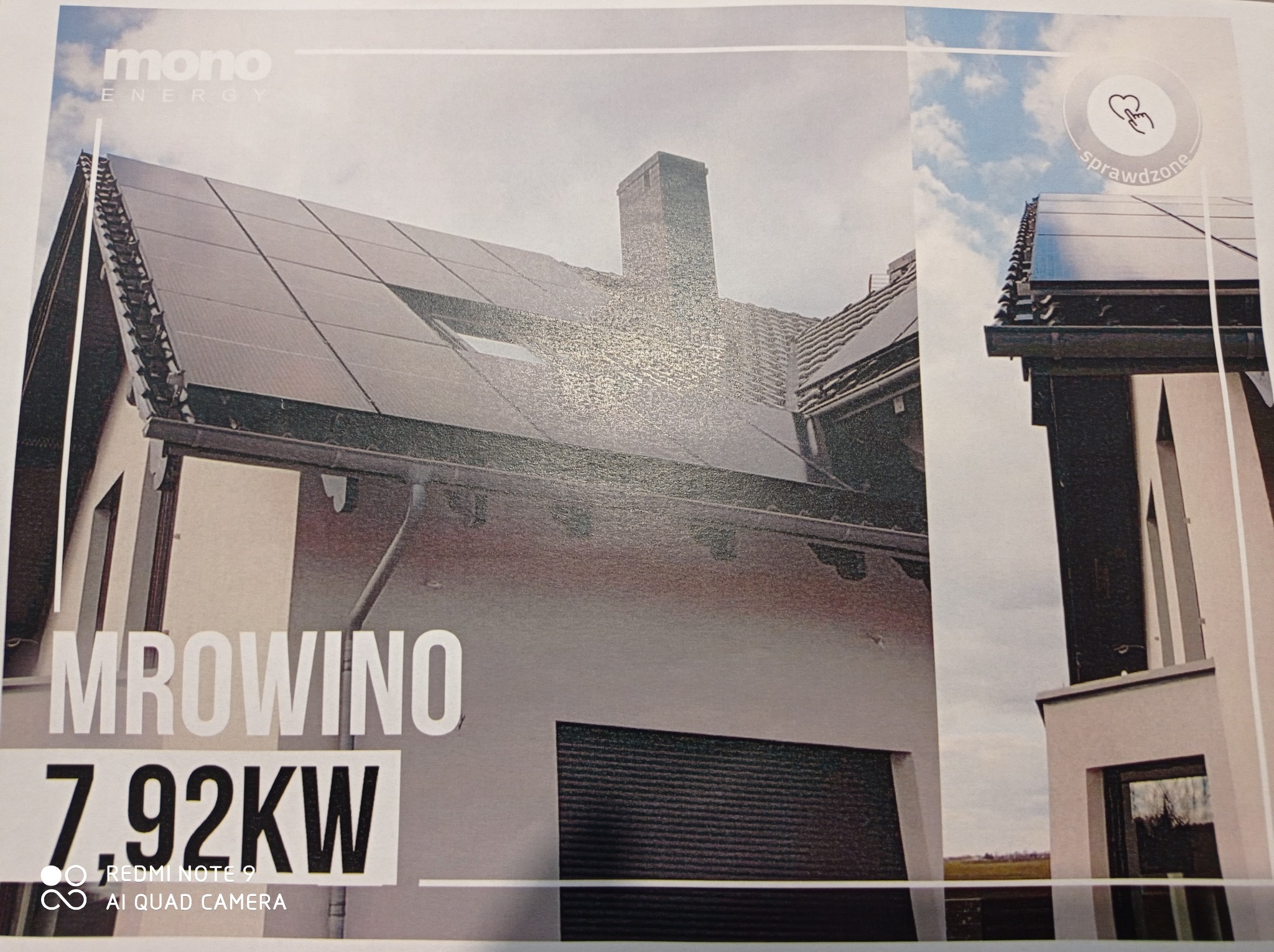 Instalacja fotowoltaiczna o mocy 7.92kW na dachu domu jednorodzinnego w Mrowinie, widok z dołu, komin w tle.