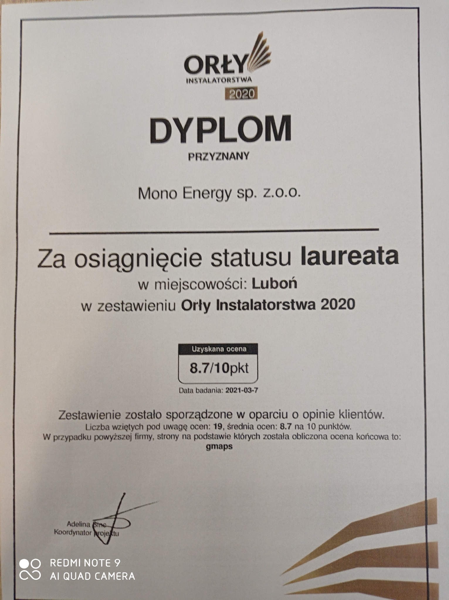 Dyplom dla Mono Energy sp. z o.o. za osiągnięcie statusu laureata w zestawieniu Orły Instalatorstwa 2020, z uzyskaną oceną 8.7/10 pkt.