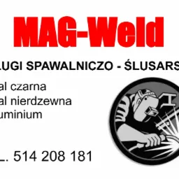 Reklama firmy MAG-Weld oferującej usługi spawalniczo-ślusarskie, specjalizującej się w obróbce stali czarnej, nierdzewnej i aluminium, z numerem telefonu kontaktowym i graficzną ilustracją spawacza...