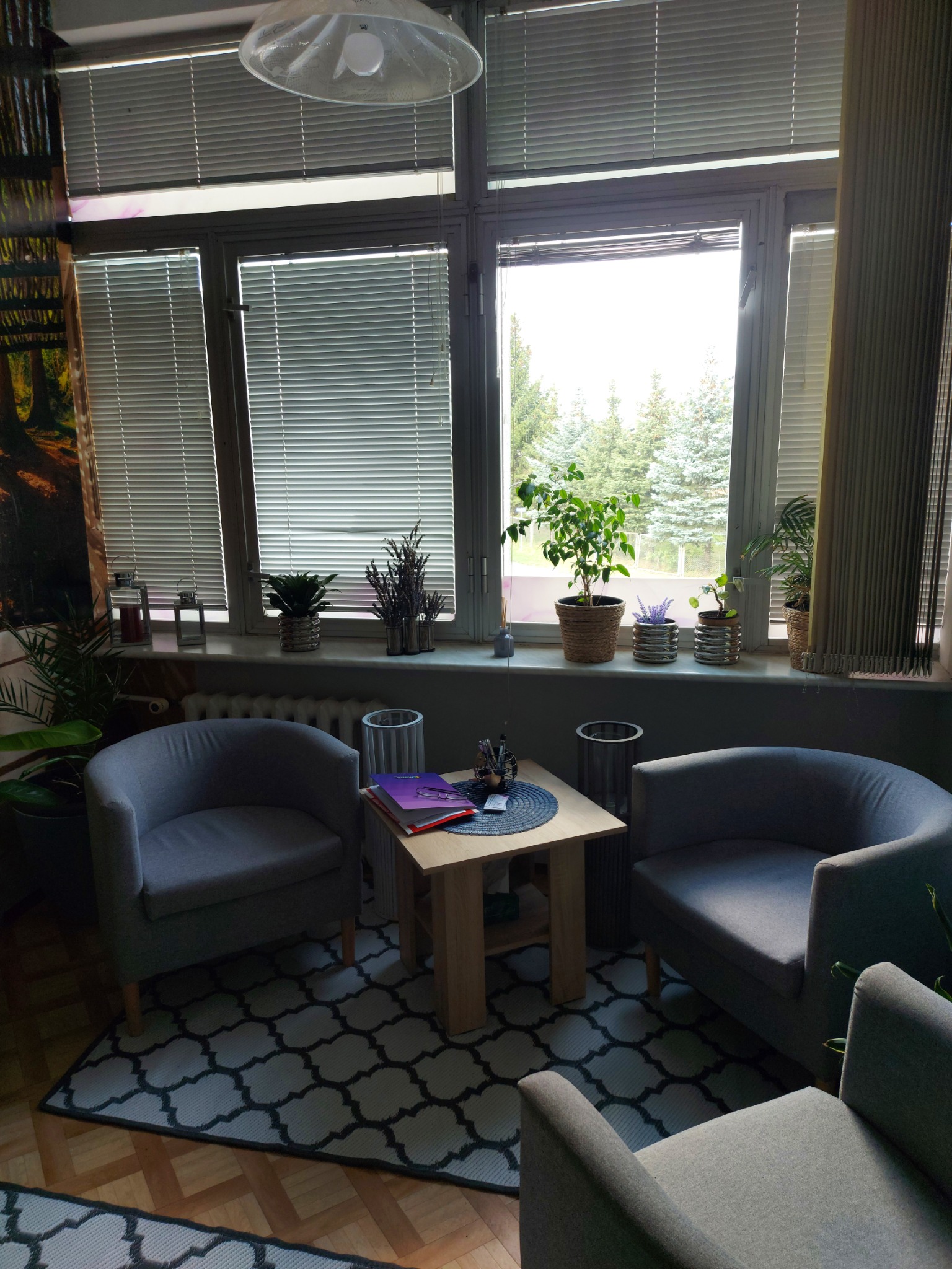 Gabinet z dwoma szarymi fotelami klubowymi, stolikiem kawowym z fioletową książką i okularami, dywanem w marokański wzór oraz roślinami doniczkowymi na parapecie okiennym z żaluzjami.