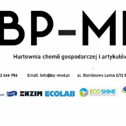 Logo firmy BP-MED, hurtowni chemii gospodarczej i artykułów medycznych z Gdańska, z informacjami kontaktowymi i logotypami marek partnerskich.