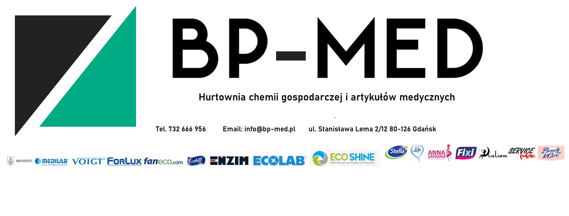 Logo firmy BP-MED, hurtowni chemii gospodarczej i artykułów medycznych z Gdańska, z informacjami kontaktowymi i logotypami marek partnerskich.