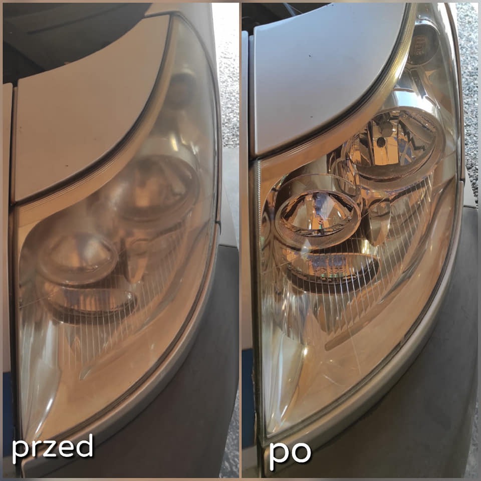 Reflektor samochodowy przed i po polerowaniu, widoczna znaczna poprawa przejrzystości szkła.