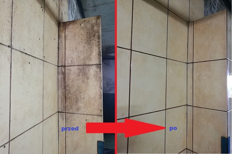Porównanie stanu płytek w rogu pomieszczenia przed i po czyszczeniu, widoczne zabrudzenia usunięte z powierzchni i fug