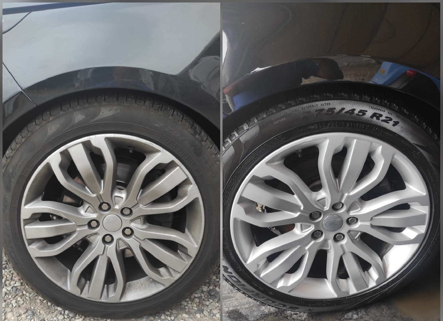 Porównanie koła Range Rovera przed i po czyszczeniu, widoczna różnica w połysku felgi i opony.