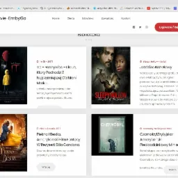 Zrzut ekranu strony internetowej allmovie.giize.com prezentującej bibliotekę filmów, w tym plakaty filmowe 'To', 'Sleepy Hollow', 'Piękna i Bestia' oraz 'Czarnobyl'.