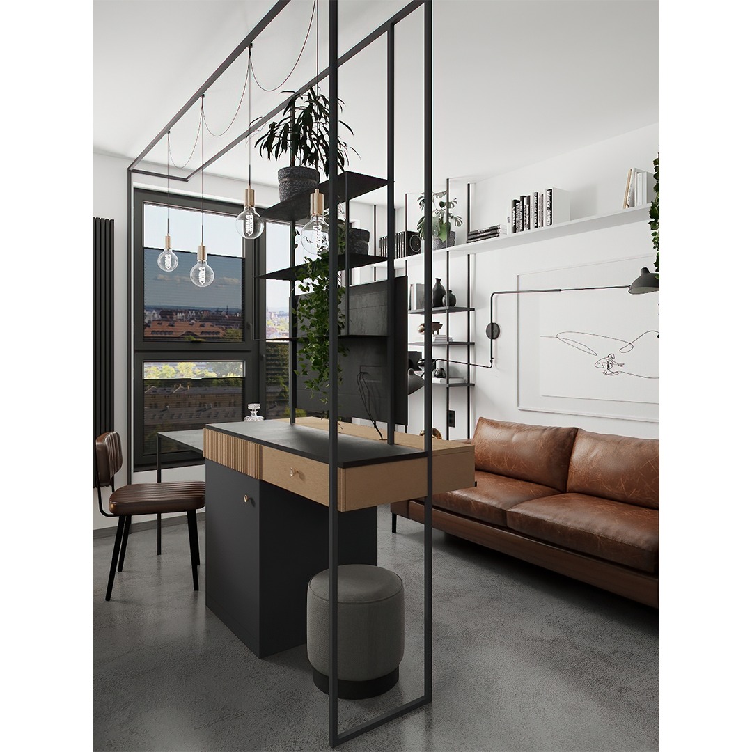 Nowoczesne wnętrze z biurkiem z szufladami, brązową skórzaną kanapą i metalowym regałem z roślinami, oświetlone wiszącymi lampami.