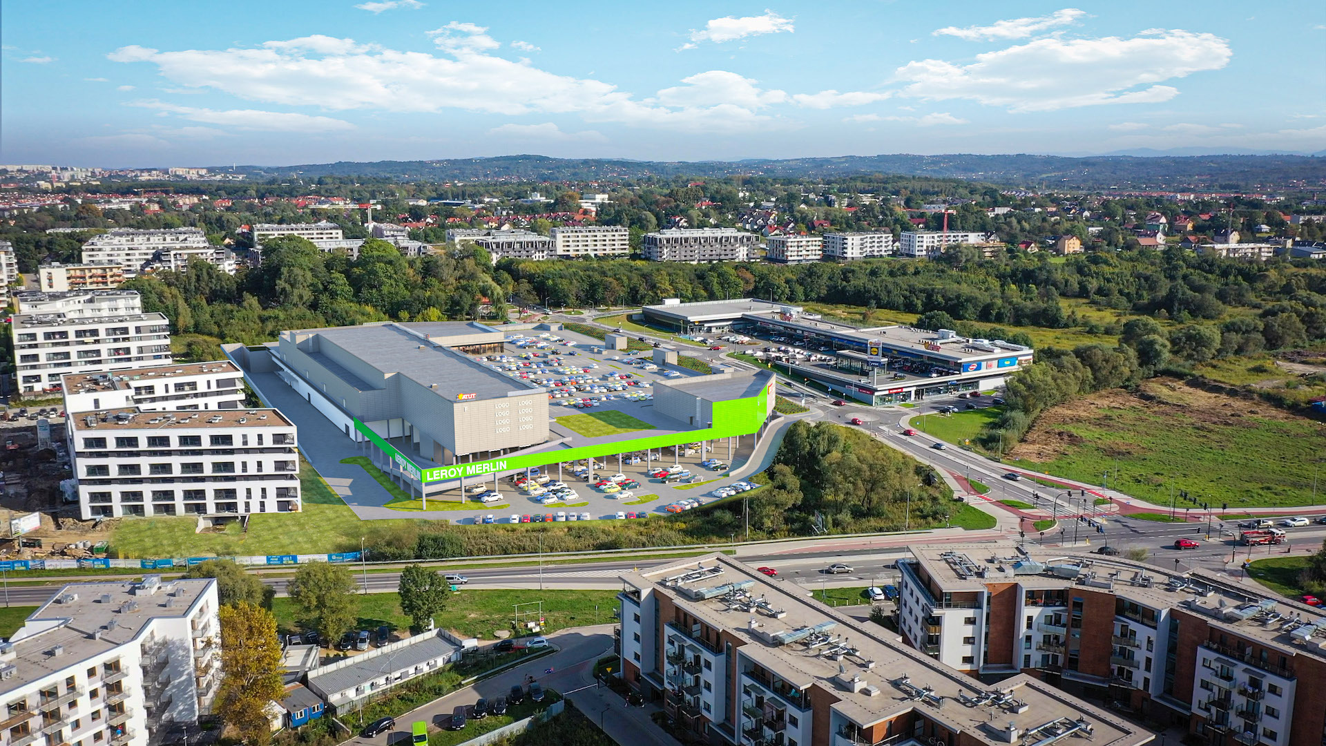 Szeroki plan: Wizualizacja nowego budynku Leroy Merlin z parkingiem, otoczona zabudową miejską i zielenią, widok z lotu ptaka w słoneczny dzień.