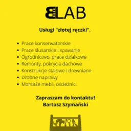 Grafika reklamowa firmy ELAB oferującej usługi złotej rączki, w tym prace konserwatorskie, ślusarskie, spawalnicze, ogrodnicze, remonty, pokrycia dachowe, konstrukcje stalowe i drewniane, drobne...