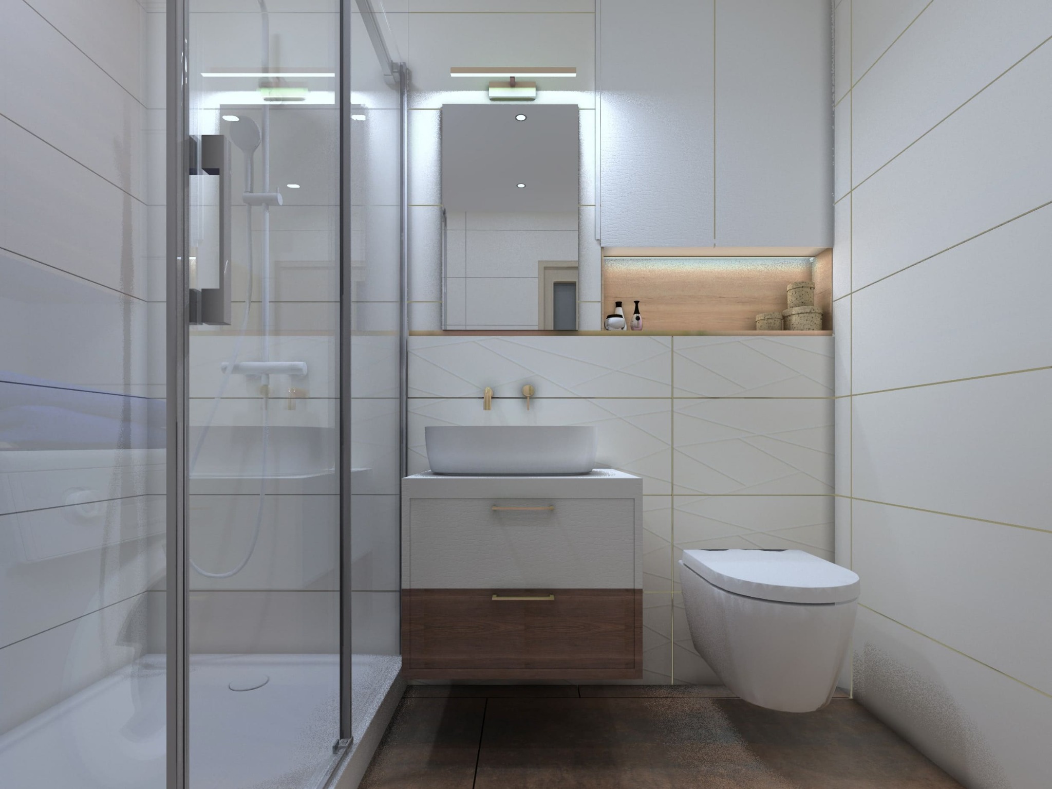 Wizualizacja łazienki w mieszkaniu dwupokojowym: kabina prysznicowa ze szklanymi drzwiami, umywalka nablatowa na szafce z dwoma szufladami (biała i drewniana), podwieszana toaleta, białe płytki...